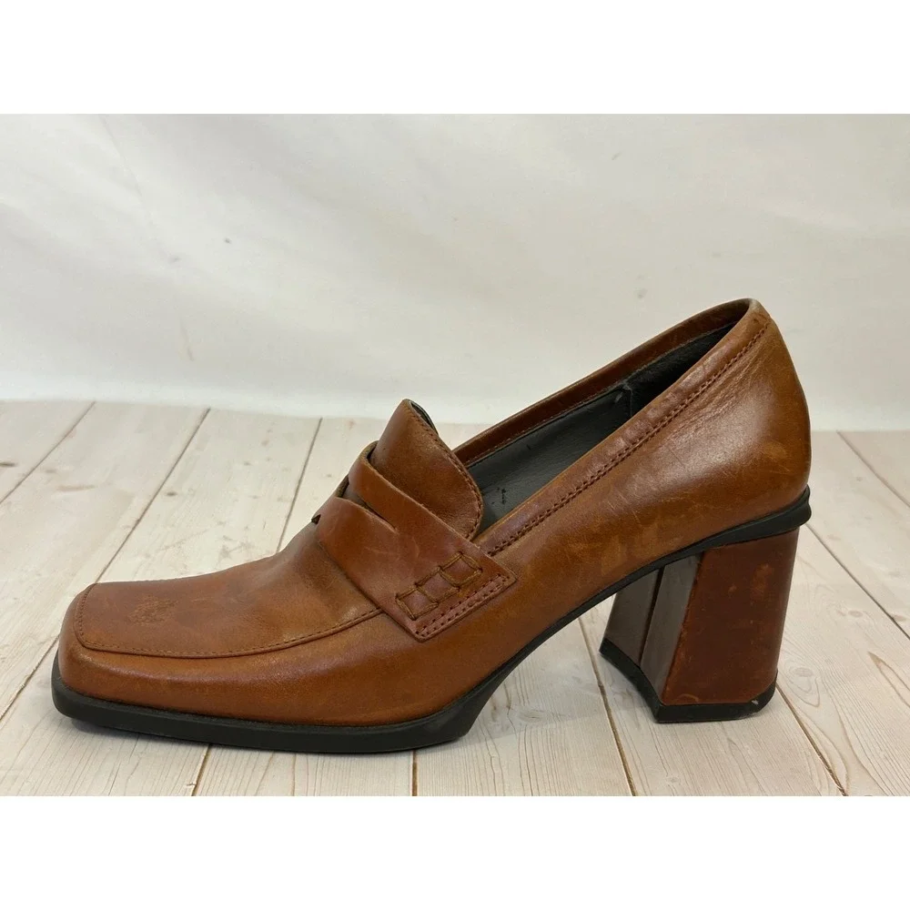 ME TOO Oceana Block Heel Penny‎ Square Toe Leather Loafers Size 5.5M US